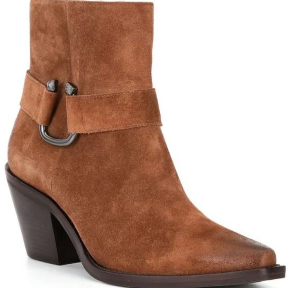 NEW Antonio Melani Tabbie Oiled Suede Mid Heeled Western Buckle Bootie Pecan Pie